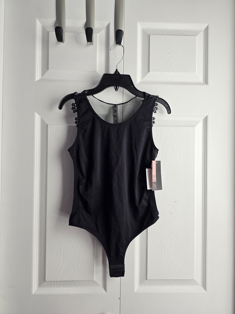 Black Sleeveless One-Piece Bodysuit with Lace Trim Size S/M